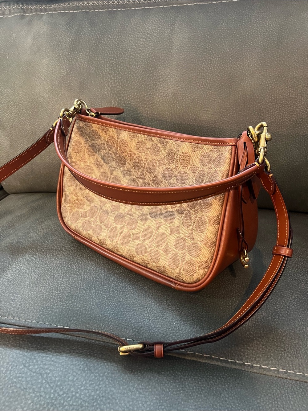 Coach Brown Signature Canvas Shoulder Bag with Saddle Trim